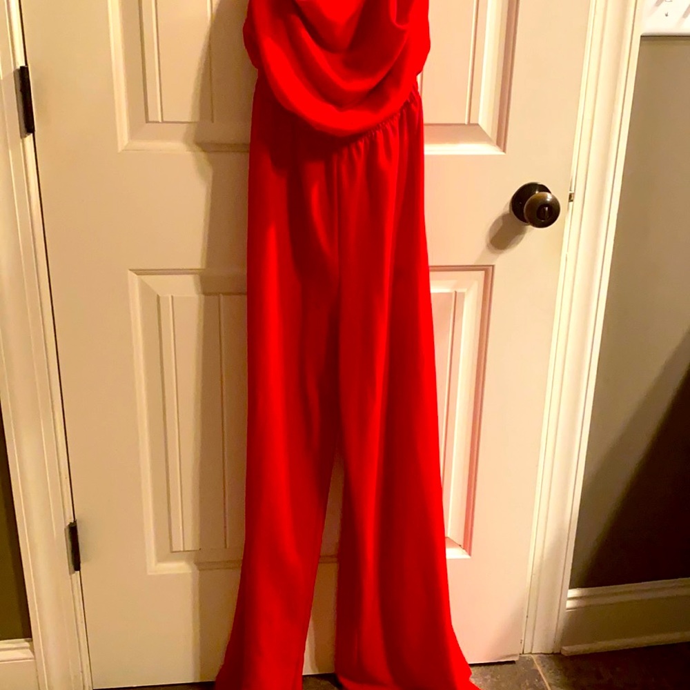 Red flare leg jumpsuit.